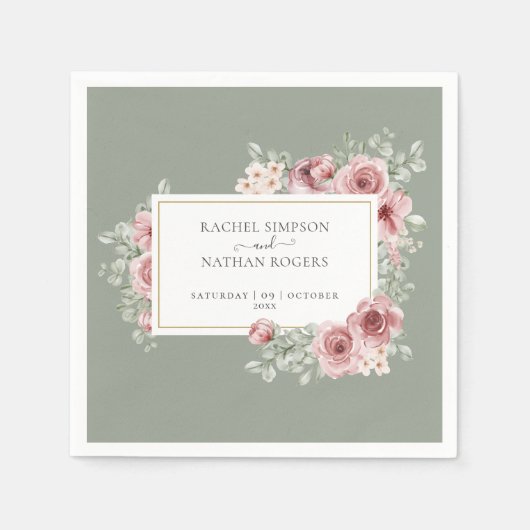 バラフローラセージ緑のエレガント金ゴールド幾何学的 スタンダードカクテルナプキン (正面)