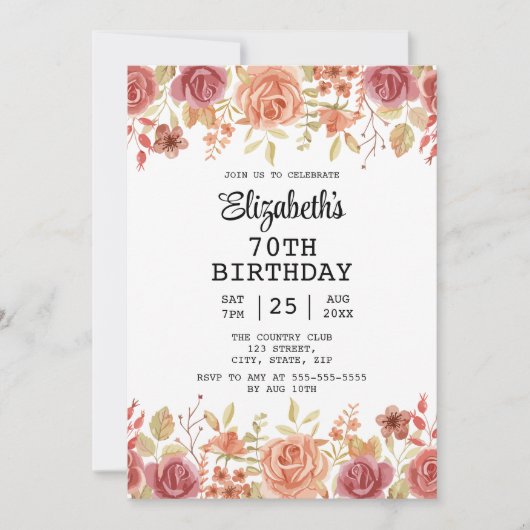 バラフローラテラコッタブラウン70誕生日 招待状 (正面)