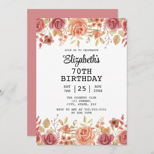 バラフローラテラコッタブラウン70誕生日 招待状 (正面/裏面)