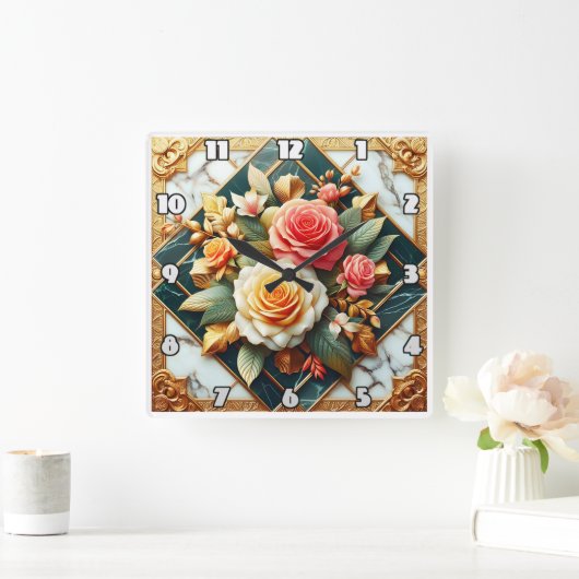 バラフローラデザインと金ゴールドアクセント スクエア壁時計 (ホーム)