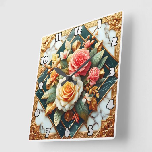 バラフローラデザインと金ゴールドアクセント スクエア壁時計 (傾斜)
