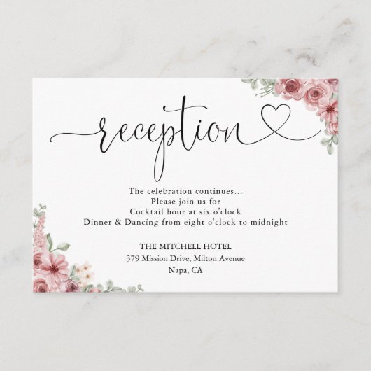 バラフローラハートスクリプトウェディングレセプション エンクロージャーカード (正面)