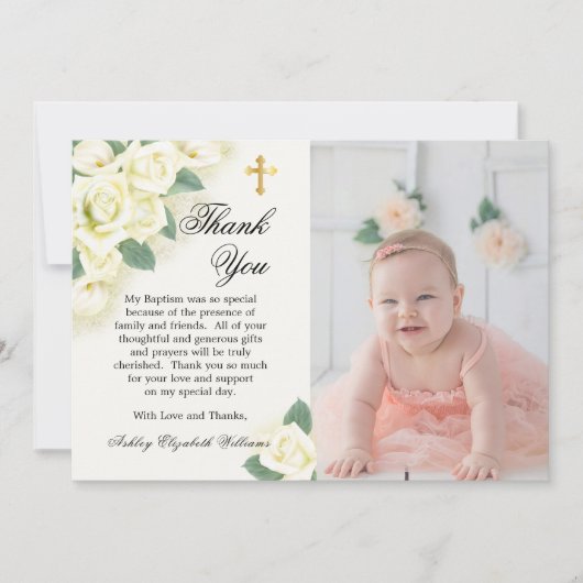 バラフローラブーケバプテスマ写真ありがとう サンキューカード (正面)