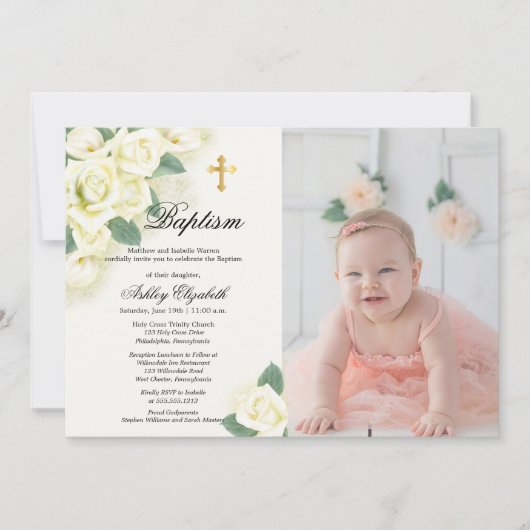 バラフローラブーケフォトバプテスマお祝い 招待状 (正面)