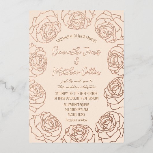 バラフローラボホ赤面ピンクゴールドフォイル結婚ズ 箔招待状 (正面)