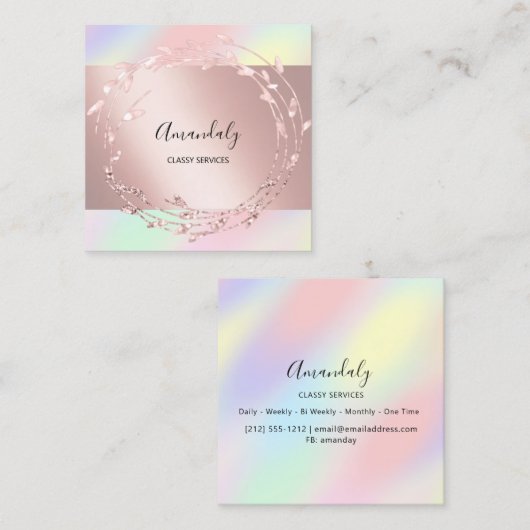 バラフローラリースエレガントイベントホログラフィックピンク スクエア名刺 (正面/裏面)