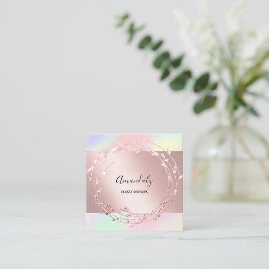 バラフローラリースエレガントイベントホログラフィックピンク スクエア名刺 (スタンド正面)
