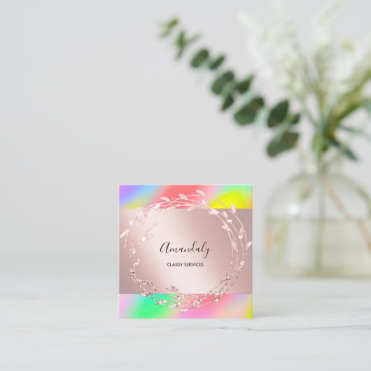 バラフローラリースエレガントイベントホログラフィック スクエア名刺 (スタンド正面)