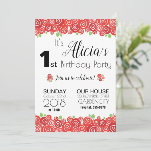 バラフローラ1st誕生日パーティーの女の子の招待 招待状 (スタンド正面)