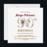 バラフローラM 90th Birthday Partyへの招待 招待状<br><div class="desc">誕生祝いの名前の裏側に文字Mから始まるの名前を示すフローラモノグラムMデザインで完璧な90番バラを整理する。招待状の中でエレガントは、フローラ数字を使用して祝賀年齢を強調する。</div>