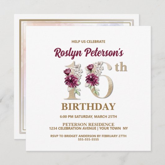 バラフローラR 16th誕生日パーティーの招待状 招待状 (正面/裏面)