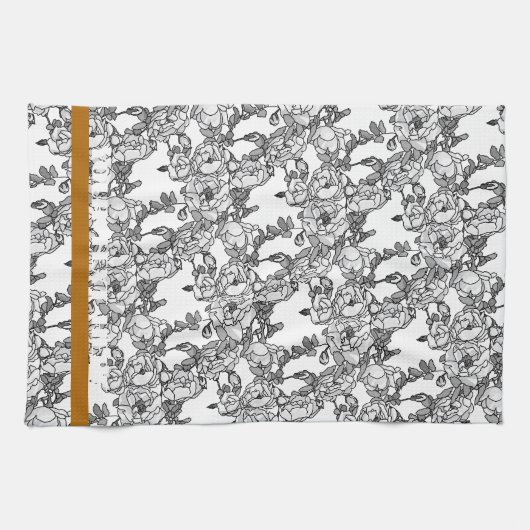 バラブランチグレースケールペルソナライズ キッチンタオル (横)