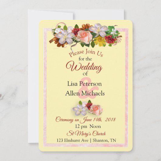 バラブルガンディーイエローフローラ結婚式招待状 招待状 (正面)