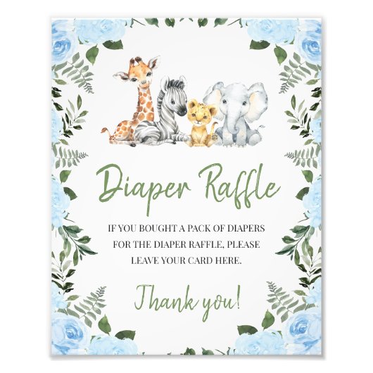 バラブルーサファリベイビーシャワーおむつラッフルサイン フォトプリント            (正面)