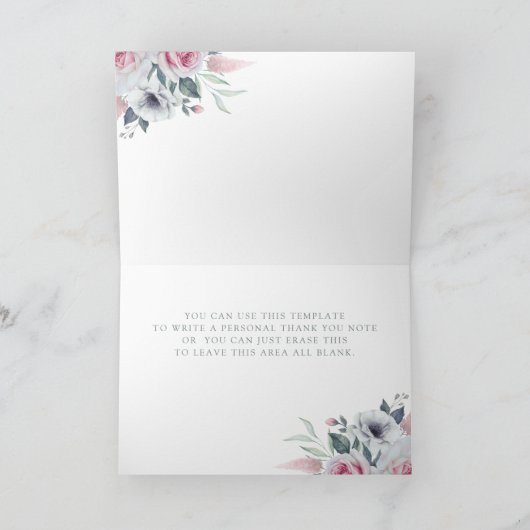 バラブーケウォーターカラー淡い色のブルーサンキューカード カード (内部)