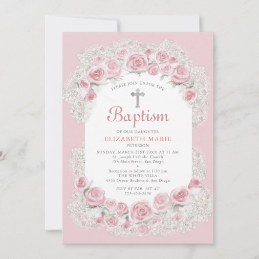 バラベビーブレスピンクホワイトガールエレガントバプテスマ 招待状 (正面)