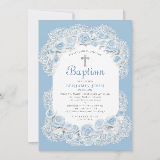 バラベビーブレスブルーホワイトボーイエレガントバプテスマ 招待状 (正面)