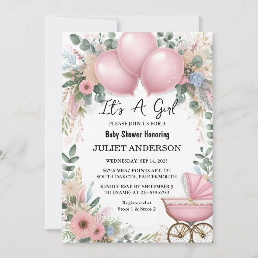 バラボホ金ゴールドママシック春ベビーガールシャワー 招待状 (正面)