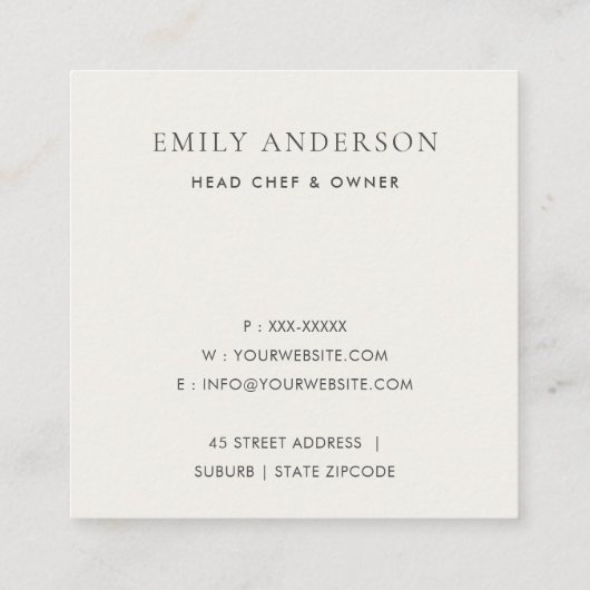 バラミニマル金ゴールドグリッタースキマーシェフケータリング スクエア名刺 (裏面)