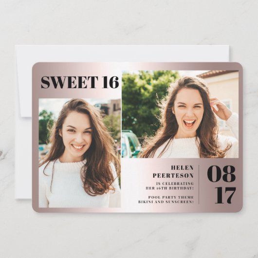 バラメタリはっきりしたック3枚の写真Sweet 16 birthday 招待状 (正面)