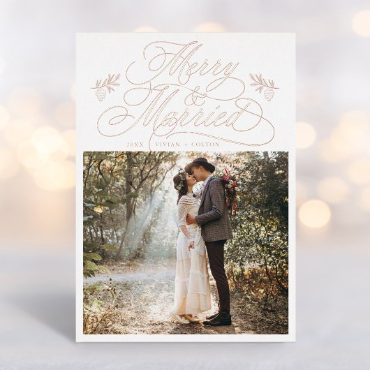 バラメリー金ゴールドと結婚した初めてのクリスマス写真 箔シーズンカード