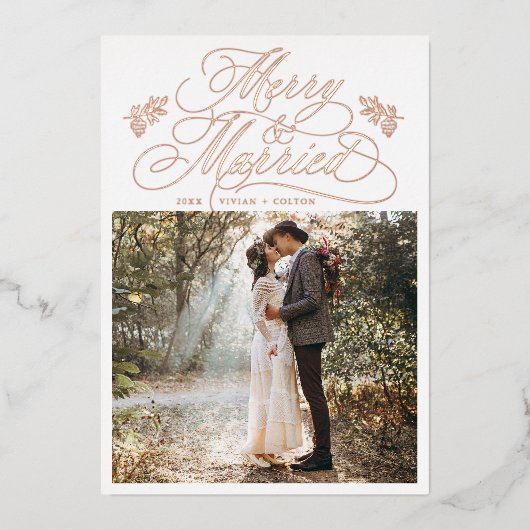 バラメリー金ゴールドと結婚した初めてのクリスマス写真 箔シーズンカード (正面)