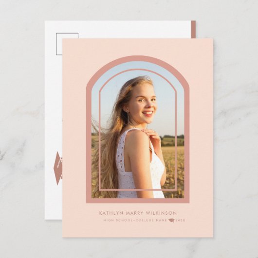 バラモダンピンクアーチミニマル写真卒業 案内ポストカード (正面/裏面)