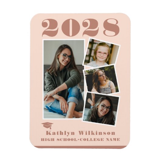 バラモダンピンクスクリプトコラージュ卒業4写真 マグネット (縦)