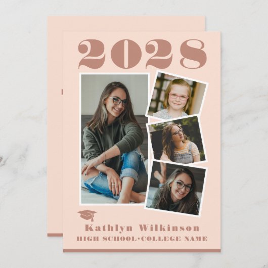 バラモダンピンクスクリプト4フォトコラージュ卒業 案内状 (正面/裏面)