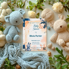 バラモダン金ゴールドと海軍の水彩動物ベビー 招待状