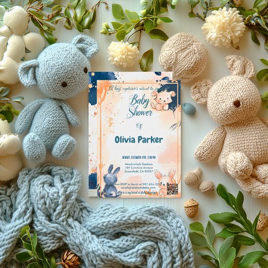 バラモダン金ゴールドと海軍の水彩動物ベビー 招待状