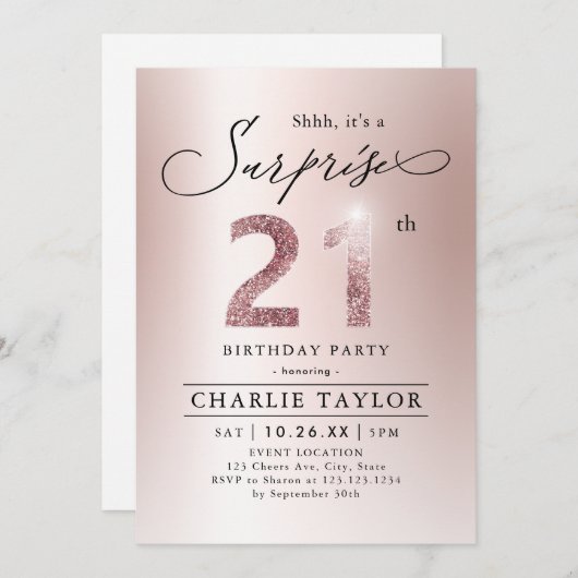 バラモダン金ゴールドアダルトサプライズ21歳の誕生日 招待状 (正面/裏面)