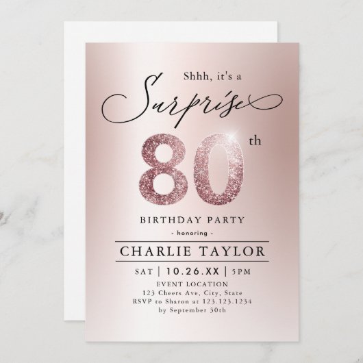 バラモダン金ゴールドアダルトサプライズ80歳の誕生日 招待状 (正面/裏面)