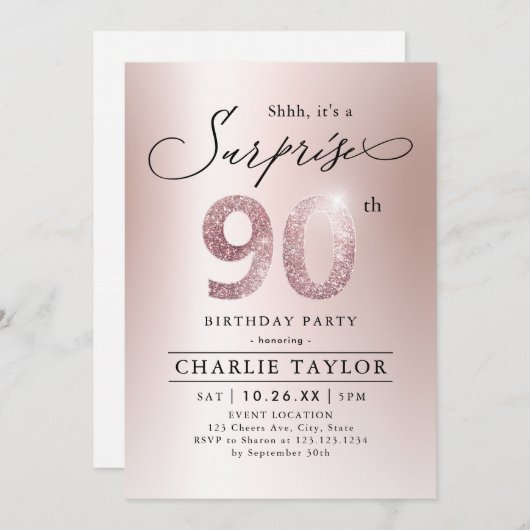 バラモダン金ゴールドアダルトサプライズ90歳の誕生日 招待状 (正面/裏面)