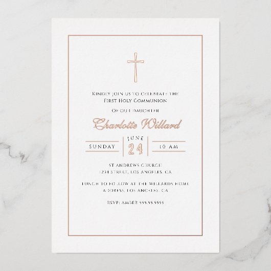 バラモダン金ゴールドクロスガールズファースト聖餐式 箔招待状 (正面)