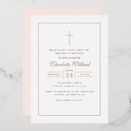 バラモダン金ゴールドクロスガールズファースト聖餐式 箔招待状 (正面/裏面)