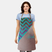 バラモダン金ゴールドグリッタリーシェブロンティール（緑がかった色）グリーンネーム エプロン (着用した状態)