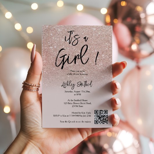 バラモダン金ゴールドグリッターピンクガールグラデーションベビーショー 招待状