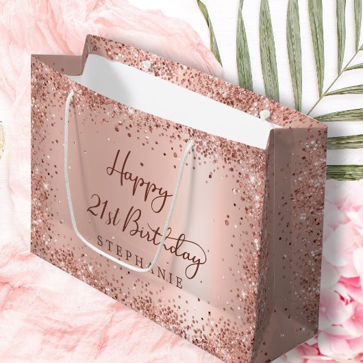 バラモダン金ゴールドグリッターモノグラム21歳の誕生日 ラージペーパーバッグ