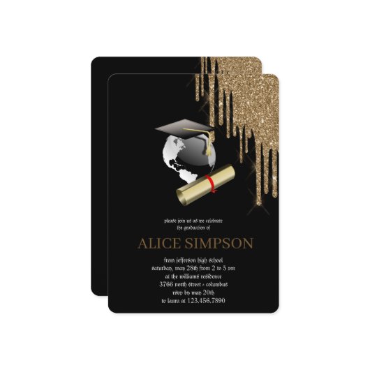 バラモダン金ゴールドシックなミニマリスト写真卒業 招待状 (正面/裏面インサイチュ)