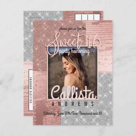 バラモダン金ゴールドシルバーグリッターフォトスウィート16 インビテーションポストカード (正面/裏面)
