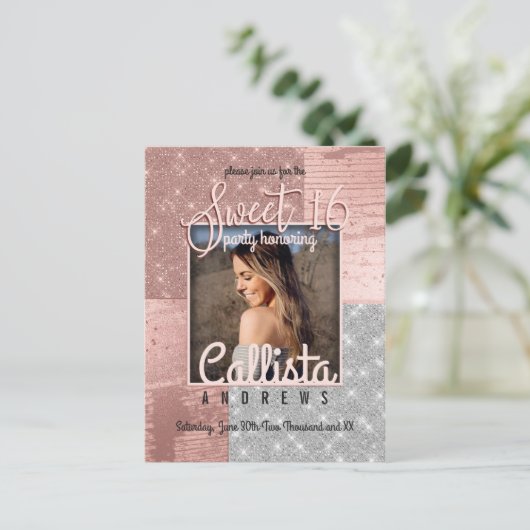 バラモダン金ゴールドシルバーグリッターフォトスウィート16 インビテーションポストカード (スタンド正面)