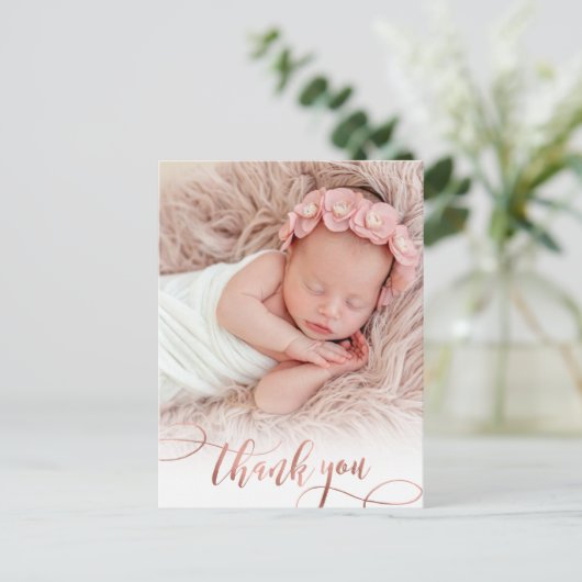 バラモダン金ゴールドスクリプトベビーガール写真ありがとう ポストカード (スタンド正面)