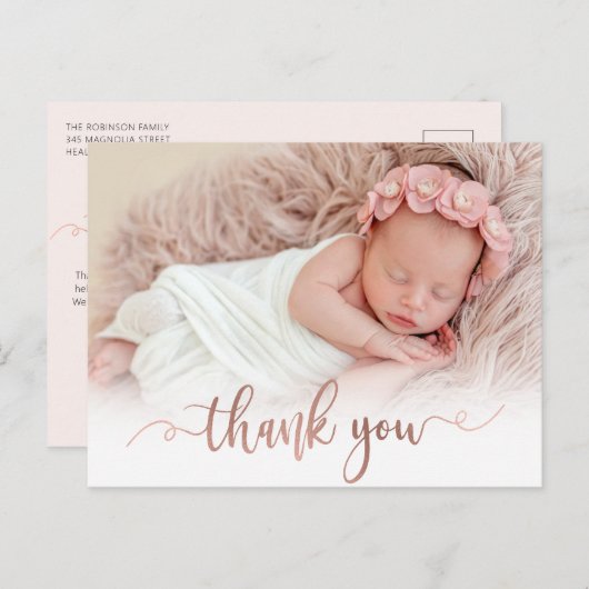 バラモダン金ゴールドスクリプトベビーガール写真ありがとう ポストカード (正面/裏面)