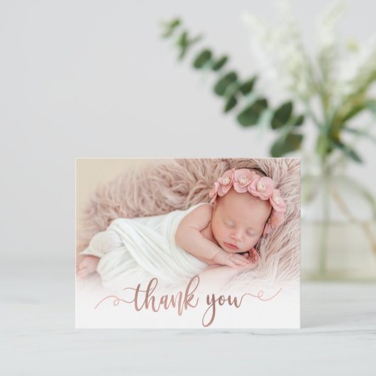 バラモダン金ゴールドスクリプトベビーガール写真ありがとう ポストカード (スタンド正面)