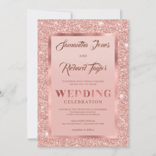 バラモダン金ゴールドスパークルグリッターホイルほこりっぽいピンク 招待状 (正面)