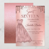 バラモダン金ゴールドドレスグリッタースウィート16 ユニーク 招待状 (正面/裏面)