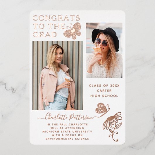 バラモダン金ゴールドバタフライスクリプト卒業写真 箔招待状 (正面)