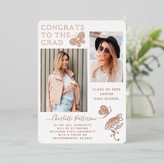 バラモダン金ゴールドバタフライスクリプト卒業写真 箔招待状 (立ち正面)