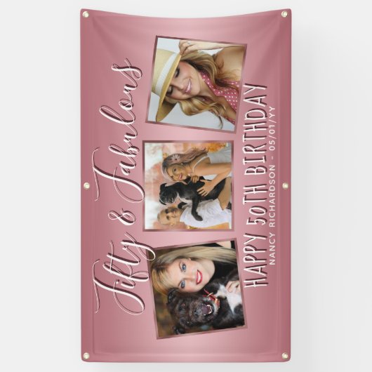 バラモダン金ゴールドピンクフォトコラージュ50誕生日 横断幕 (縦)